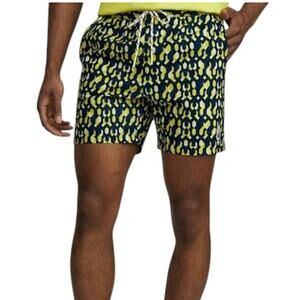 PSYCHO BUNNY Everett Geometric Print Swim Trunks Men XS Yellow/Navy Resort Pool